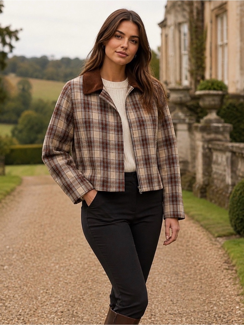 Christian Lacroix Brown Beige Plaid Cropped Jacket